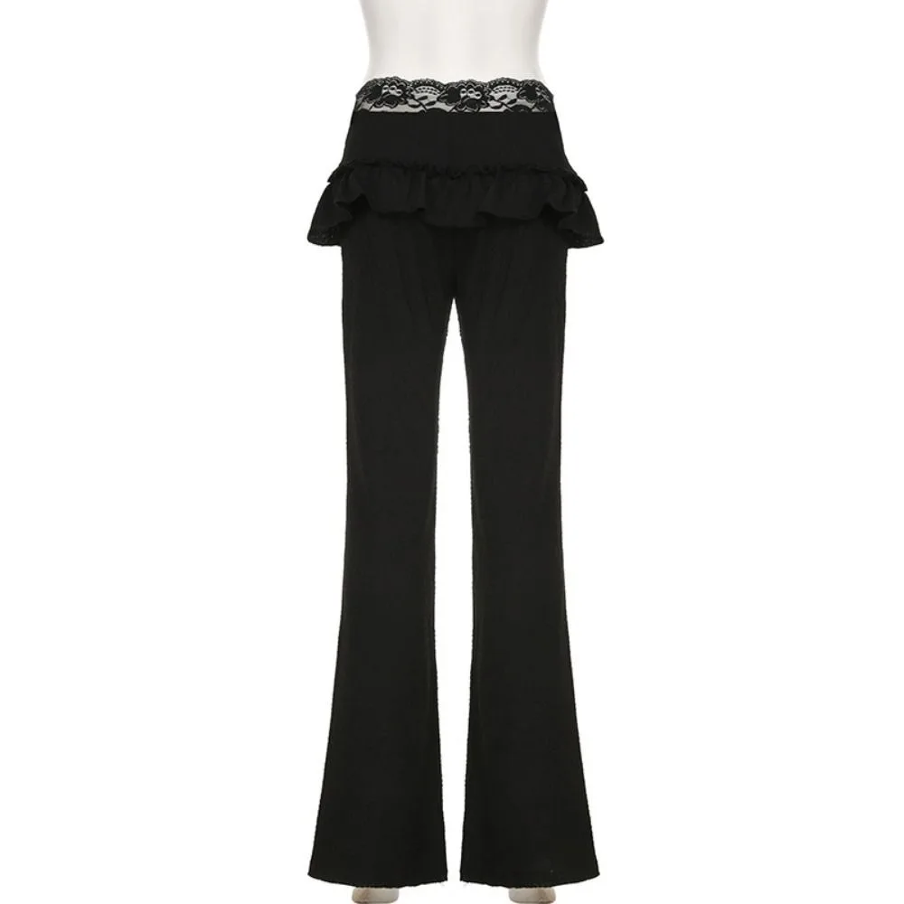 Pantaloni a gamba larga in morbido pizzo chic Pantaloni neri a zampa d'elefante dolce Butt Curtain Pantaloni lunghi dritti a vita bassa da donna