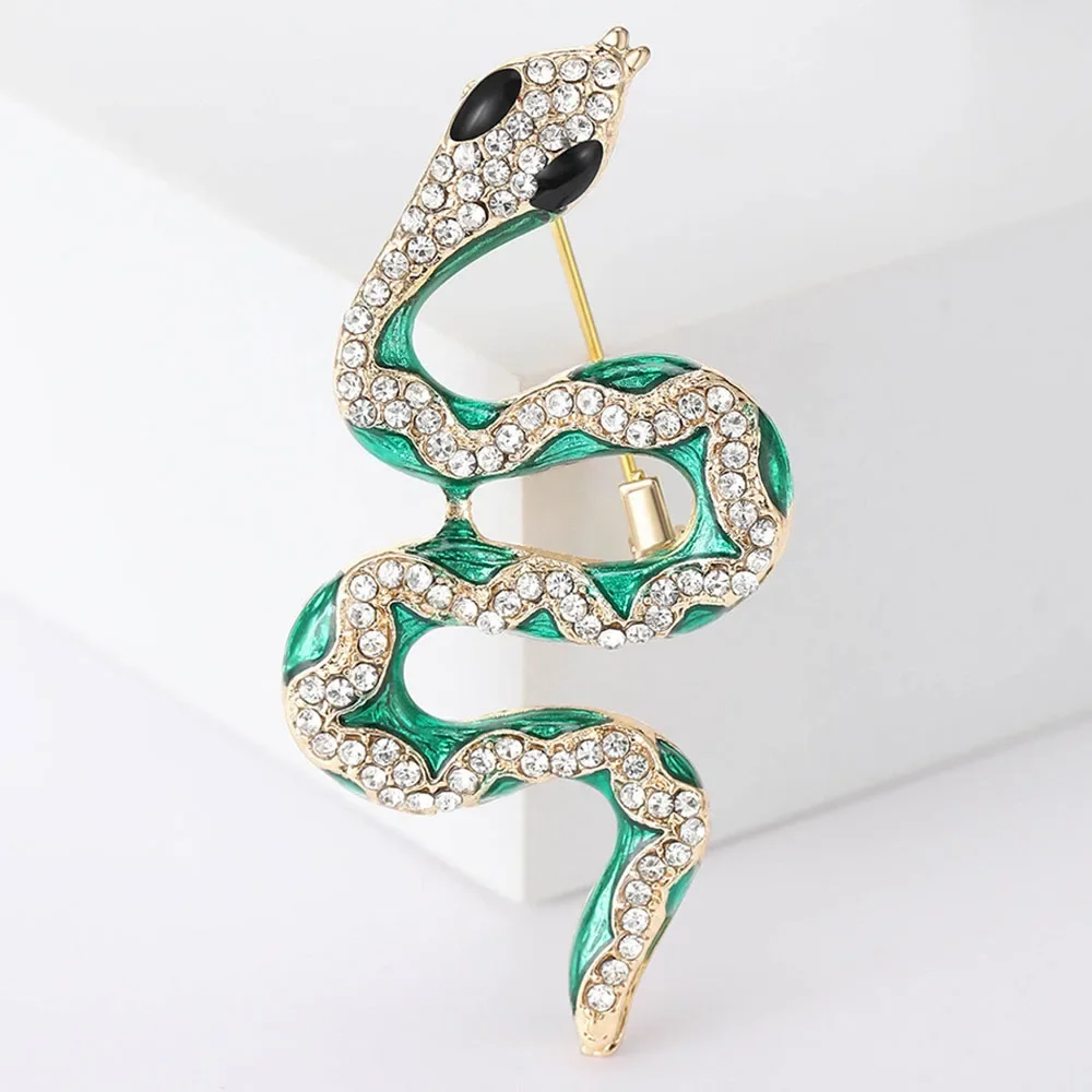 Green Snake Brooch Pin Vintage Imitation Crystal Rhinestone Animal Lapel Pin For Women Men Jewelry Accessories Gift