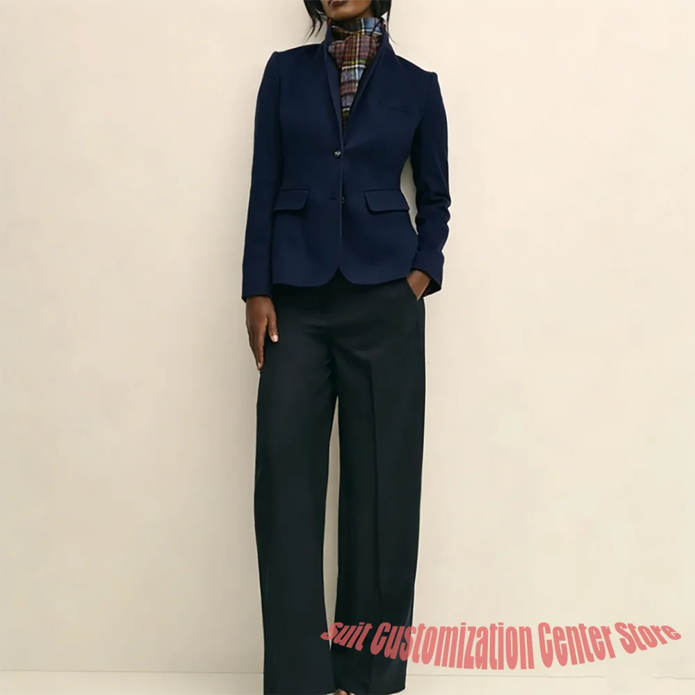 ملابس نسائية صوفية بحرية واحدة الصدر مكونة من قطعتين (سترة + بنطلون) طقم ملابس شتوية أنيقة للسيدات ملابس يومية غير رسمية