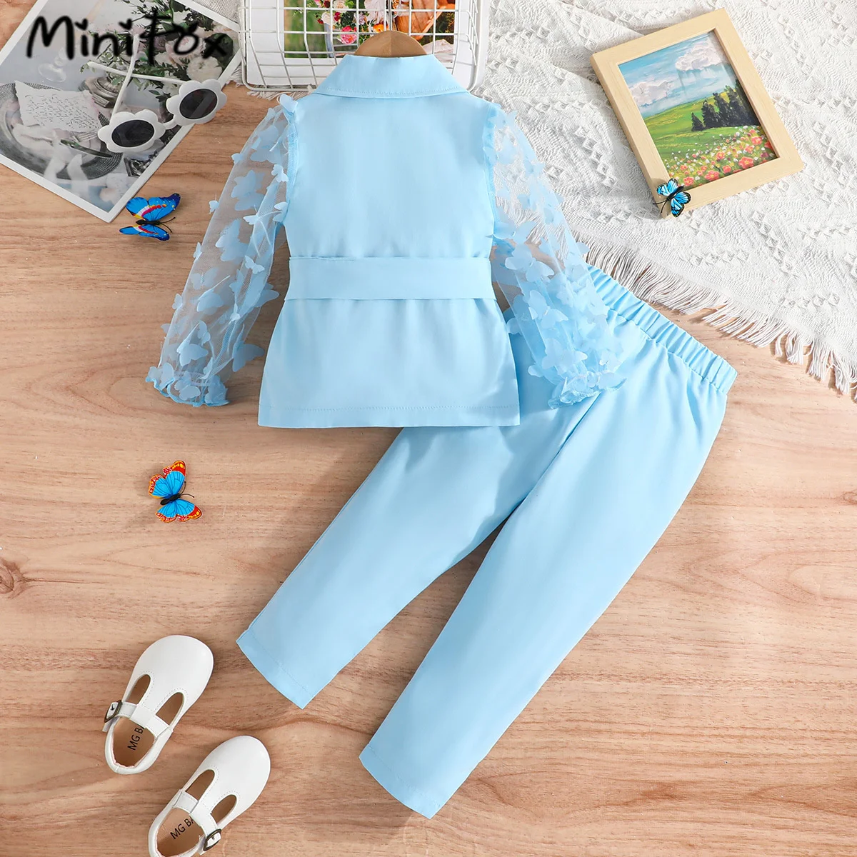 3pcs Summer Suit Set For Girls Kids Butterfly Butterfly  Sleeve Belted Coat+ Button Trousers Girls Blazer Outfit Sets Children