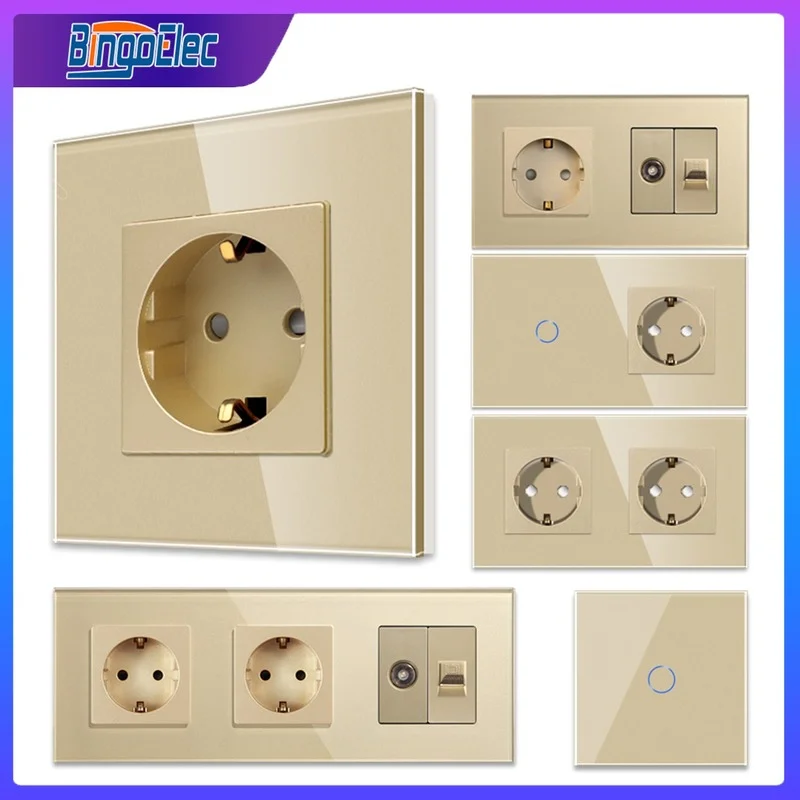 Bingoelec EU Standard Gold CAT6 Rj45 Socket Light Touch Switch and Socket Crystal Glass Panel  Home Improvement