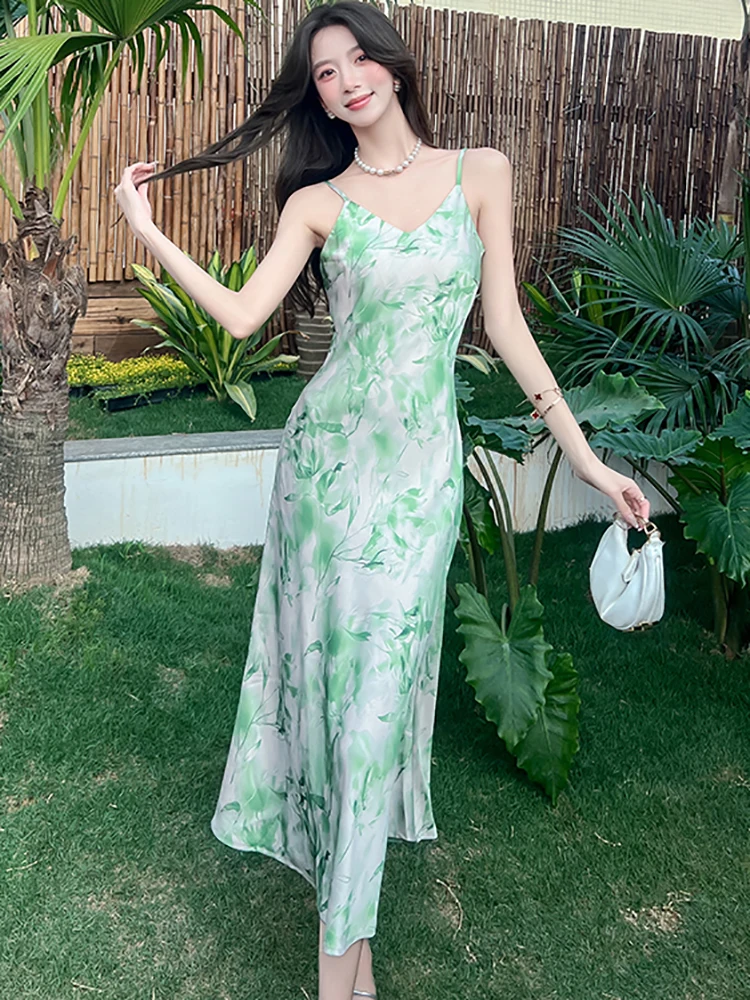 2025 自由奔放に生きるグリーン花柄サテンシックなスリングセクシーなロングドレス女性エレガントなフリルカジュアルホリデードレス夏ボディコンフェスティバルドレス