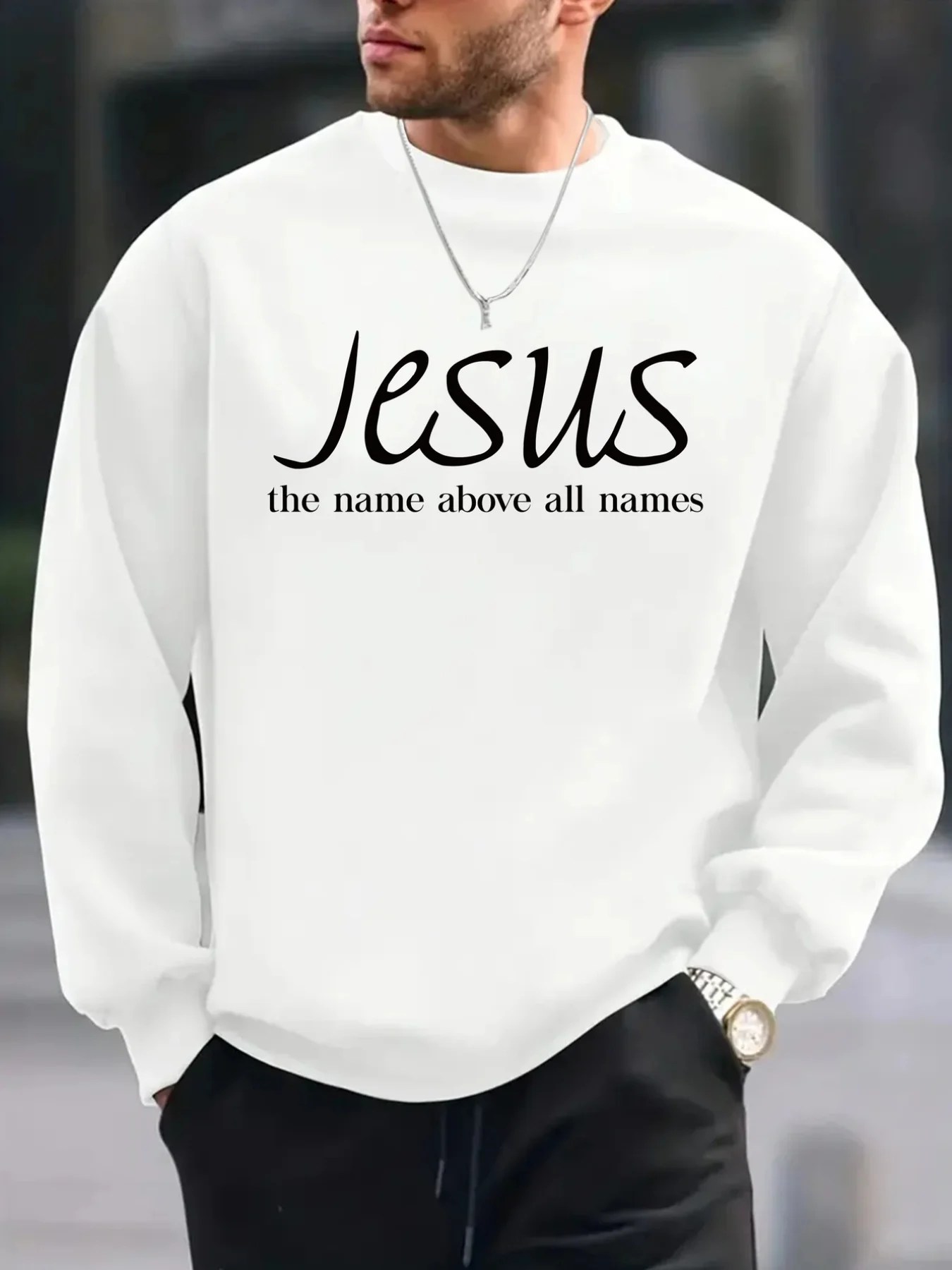 سترة رجالية بأكمام طويلة ورقبة دائرية مطبوعة على شكل يسوع، نسخة عادية مريحة، خريف رجالي