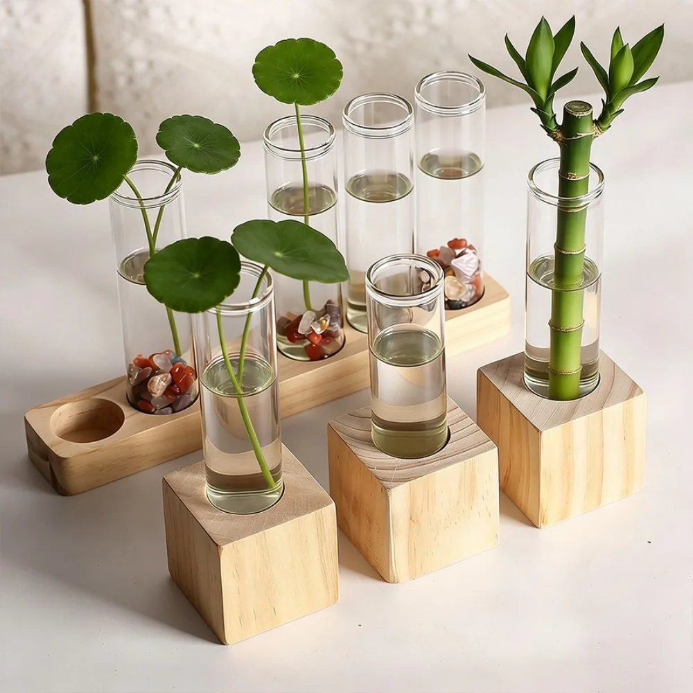 Wooden Hydroponic Flower Vase Minimalist Home Decoration Glass Tube Vase Desk Ornaments Creative Design Flower Holder