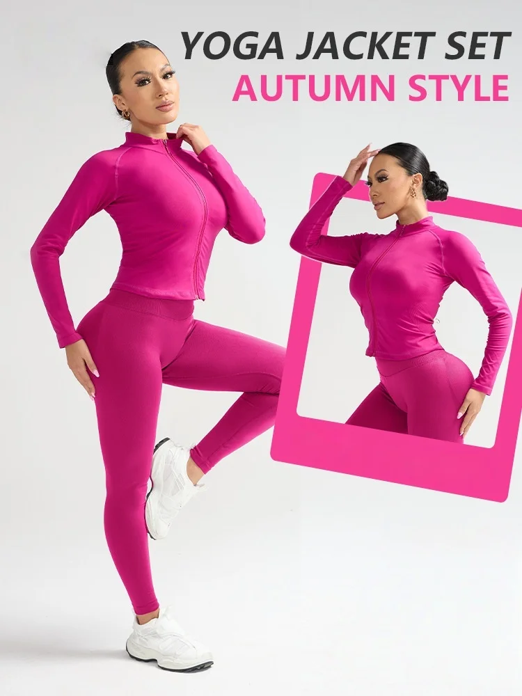 

Fitness Full Zip Yoga Suit Set, Outerwear, Peach Hip Exercise Three Waist Tight Yoga Pants Set