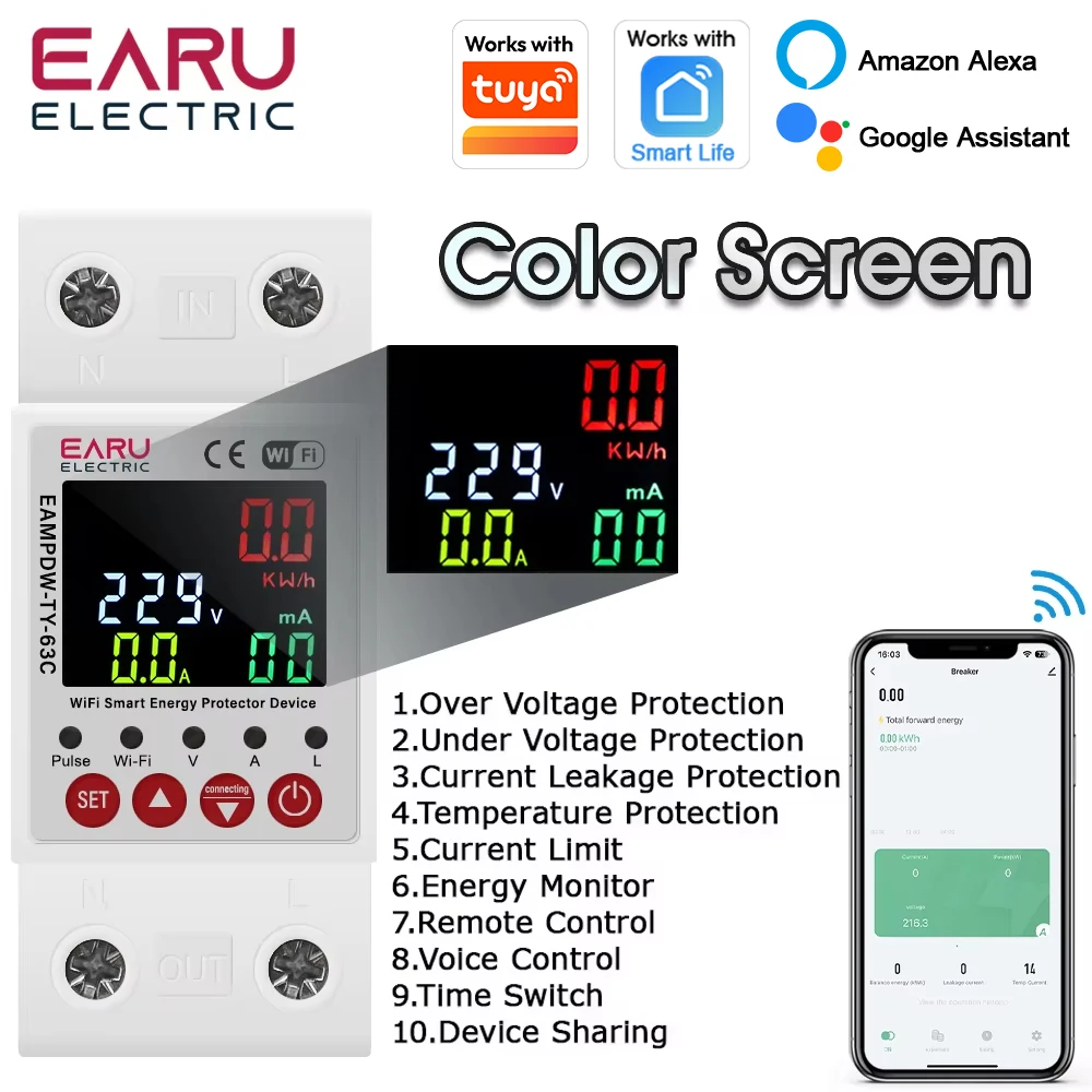 EARU Tuya WiFi Smart Energiemessgerät zur Überwachung von Unter- und Überspannung, Strom, Erdschluss, Zeitrelais-Schalter, Schutzschalter