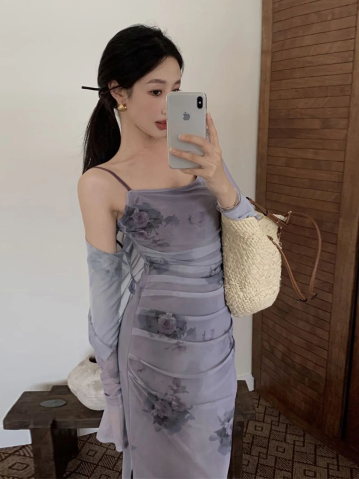 

Rose Print Mesh Strap Dress Thin Open Cardigan 2025 New Korean Fashion Set Women's Fashion Spring Collection Two-Piece Set