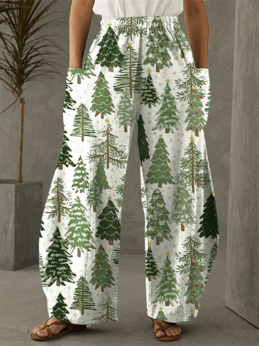 Women Casual Loose Wide Leg Pants Elastic High Waist Christmas Tree Print Long Trousers Baggy Vintage Streetwear With Pockets