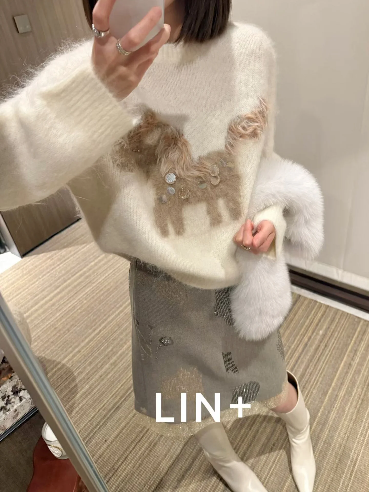 

Luxury Heavy-du Bead Women's Sweater Alpaca Wool round Ne Pullover Soft Casual Loose Fit Long Sve Spring Faion