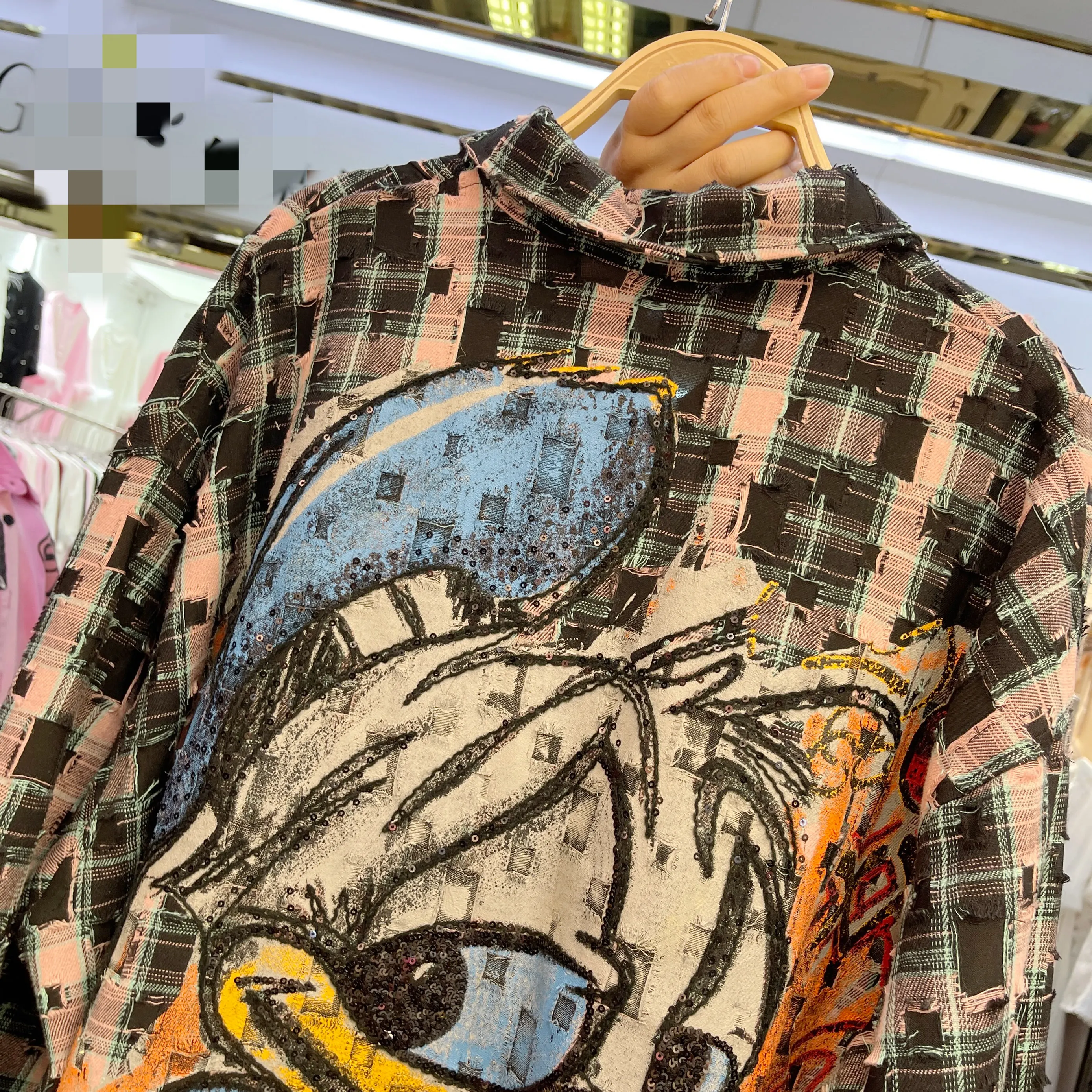 European Goods Casual Shirt top 2025 Spring New Loose Medium Length Plaid Cartoon Print Top Sequins Long-sleeved Shirt Women