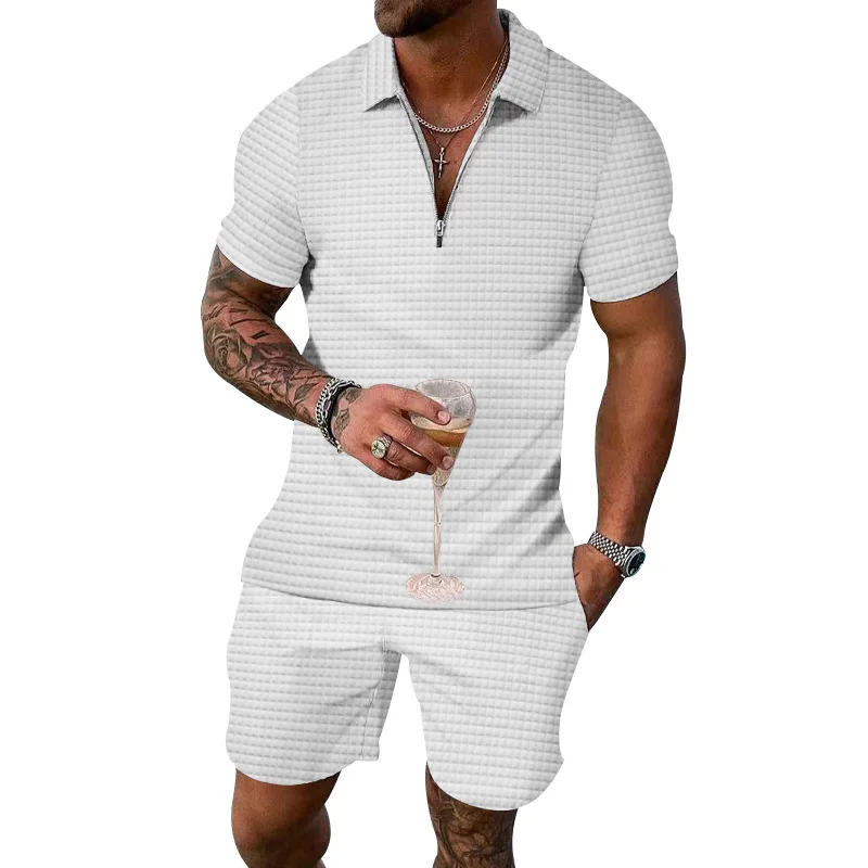 Summer Casual Checkered Jacquard European and American Men's Polo Zipper Polo Short Sleeve Set