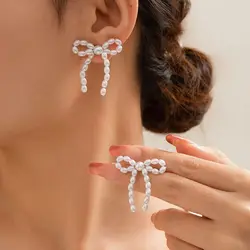 Pendientes Bow Knot Stud Earrings Balletcore Jewelry Accessories Piercing Ear Stud Pearls Beads Korean Style Simple Earrings