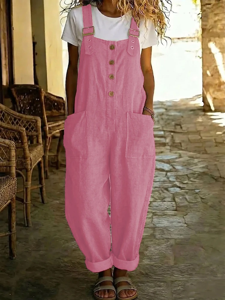 

2026 Spring Summer All Match Fashion Jumpsuits, Women Holiday Patchwork Simple Overalls, Pockets Pants Elegant Ladies Playsuits