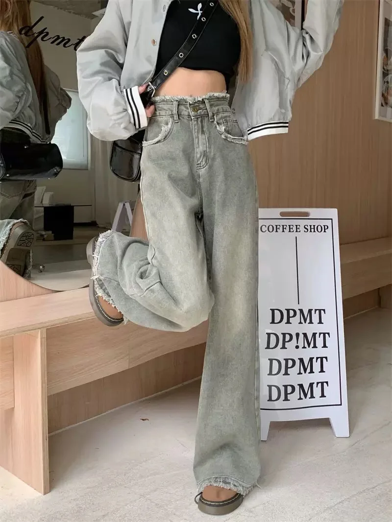 بنطال ذو قصة أرجل واسعة شريط مرن للمرأة الربيع والصيف عمودي سليم صالح مايكرو متوهج الحد الأدنى Altgoth صالة حزام الخصر الطيات الرجعية