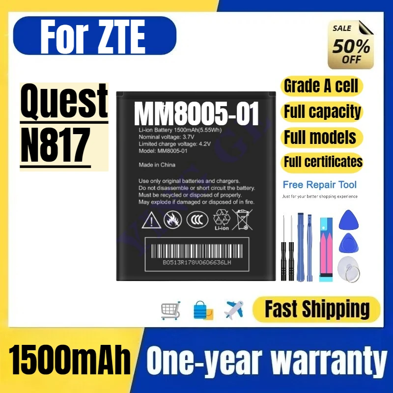 

Аккумулятор MM8005-01 для мобильного телефона ZTE Quest/N817, высококачественная сменная батарея большой емкости, элемент класса А, с инструментами для замены.