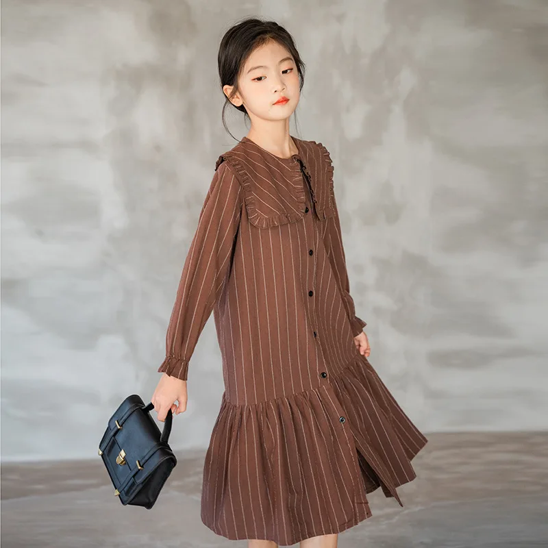 

Girl Striped Elegant Dress 2023 Autumn Spring New Kids Clothing Children Midi Length Princess Dress Long Sleeve Single Breasted