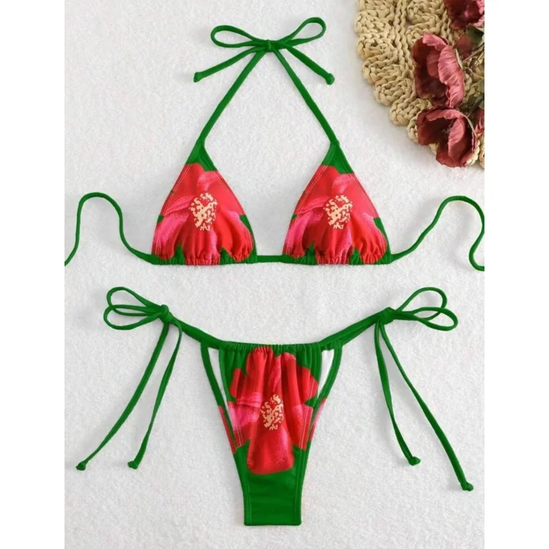 Vintage Flower Pattern Bikini Set Swimsuit Women Halter Triangle Lace Up Thong Micro Bikini 2025 New Vacation Beachwear Biquini