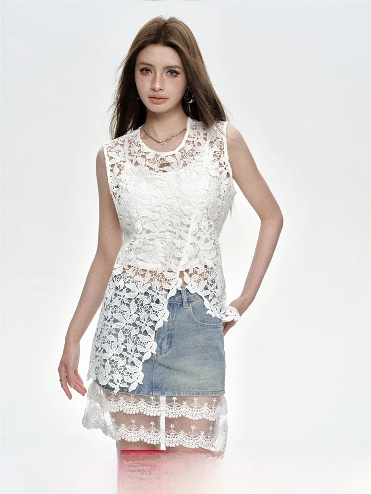 

Летний топ-накидка Chill Zoe 2025 с цветочным узором, ажурной отделкой и разрезом, универсальный, модный, из 100% хлопка, стандартной длины, стильный