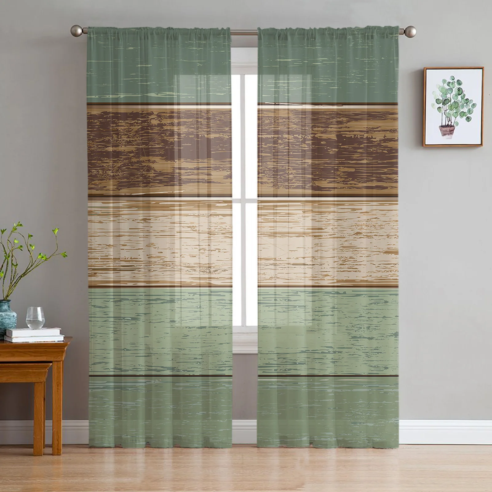 Faux Wood Grain Vintage Sage Green Tulle Voile Curtains For Bedroom Window Curtain For Living Room Sheer Curtains Organza Drapes