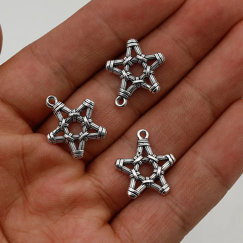 30pcs/Lot Vintage Antique Silver Color Woven Pattern Star Charms 19x17mm Geometry Zinc Alloy Pendants DIY Jewelry Accessories