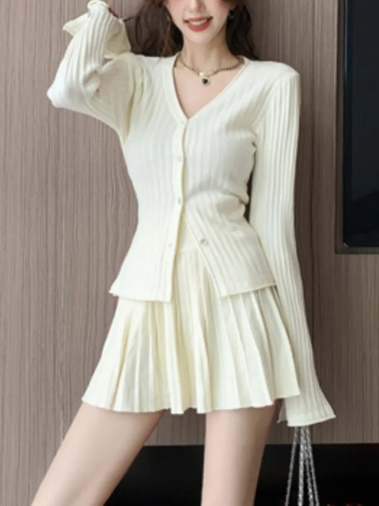 Y2K Elegant Two-piece Solid Skirt Sets Women V-neck Long Sleeve Knitted Cardigan + Mini Pleated Skirt Autumn Korean Chic Suit