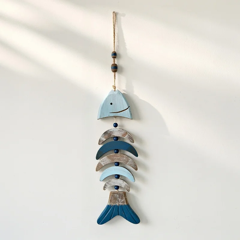 Mediterranean Creative Retro Distressed Wall Ornament Rustic Fish Wood Carved Fish String Fence Tool Room Minimalist Home Decor