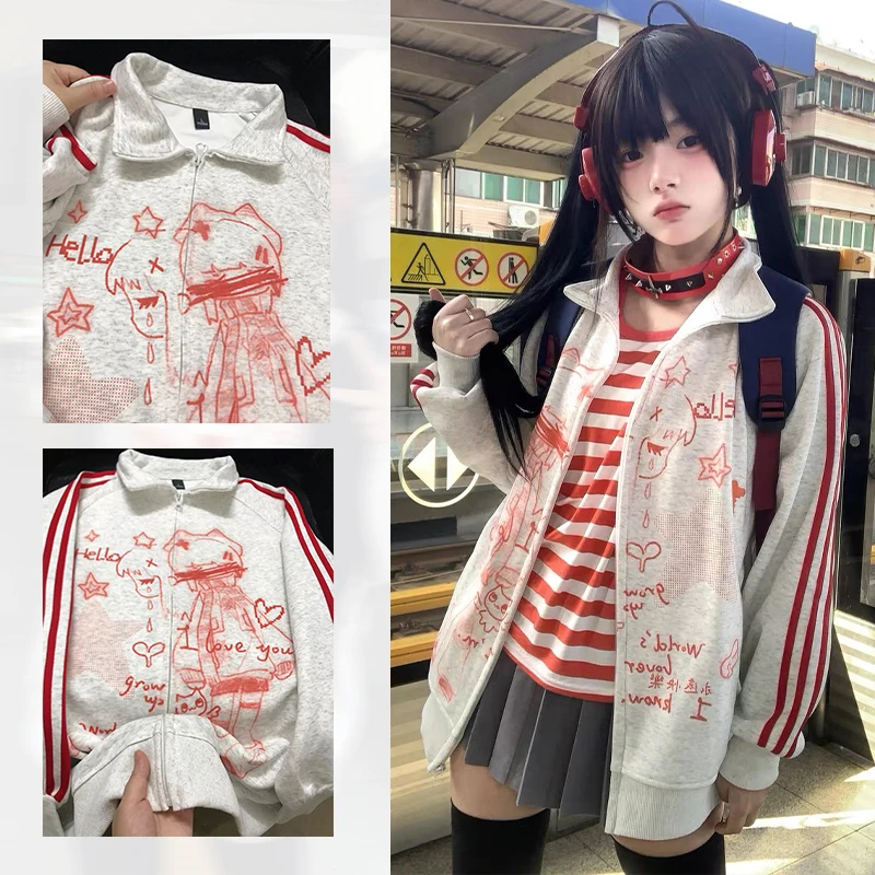 American Vintage Subculture Anime Printed Hoodies Autumn Sweet College Style Women\'s Tops Fashion Y2k Loose Casual Clothing