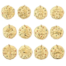 3pcs/Lot 316l Stainless Steel French Retro Rainbow Stone Zodiac Charms Constellation Coin Necklace DIY Small Pendant