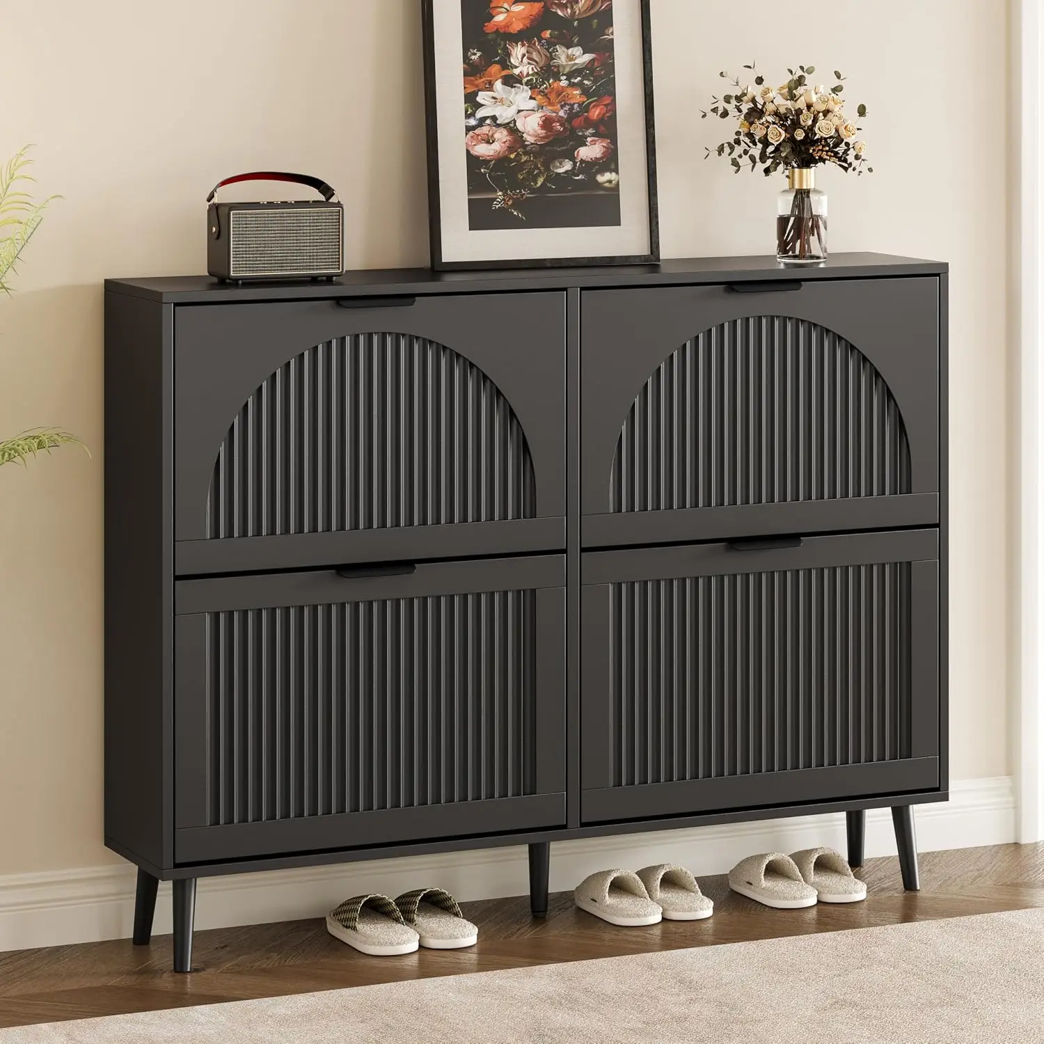 Slim Wooden Shoe Cabinet 4 Flip Drawers Modern Fluted Panel Hidden Storage Organizer for Entryway Hallway Foyer, Narrow Freestan