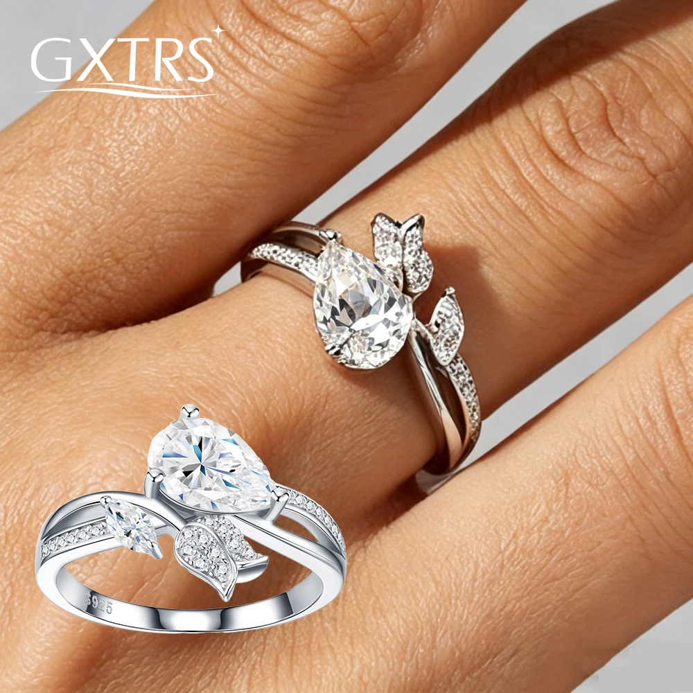 

Серебряные кольца GXTRS 1,5 карата с муассанитом в форме капли из серебра S925 для женщин, обручальное кольцо с цветочным узором, ювелирные изделия с лабораторными бриллиантами, сертифицированные.