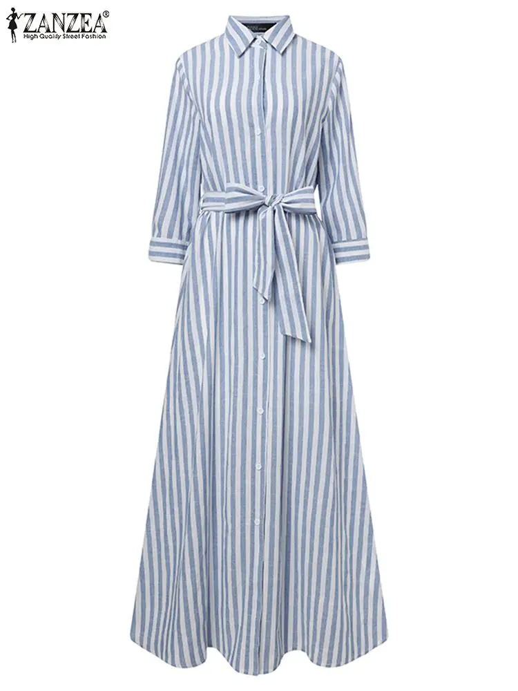 ZANZEA Autumn Women Long Shirt Dress Striped Sundress Elegant Casual Lapel Neck Long Sleeve Work Vestidos Oversize Party Robe