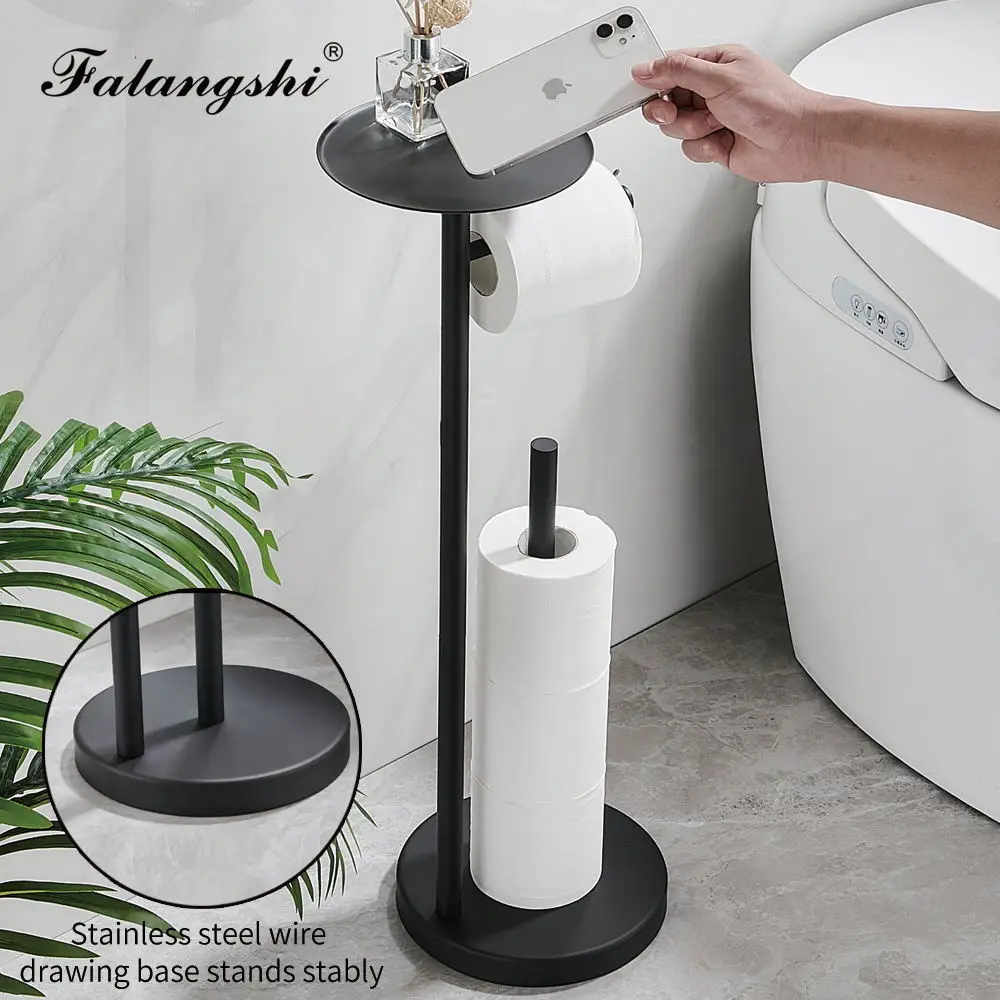 

Floor Standing Toilet Paper Holder Stainless Steel Black Roll Paper Dispenser With Shelf Storage Bathroom Organization WB8236