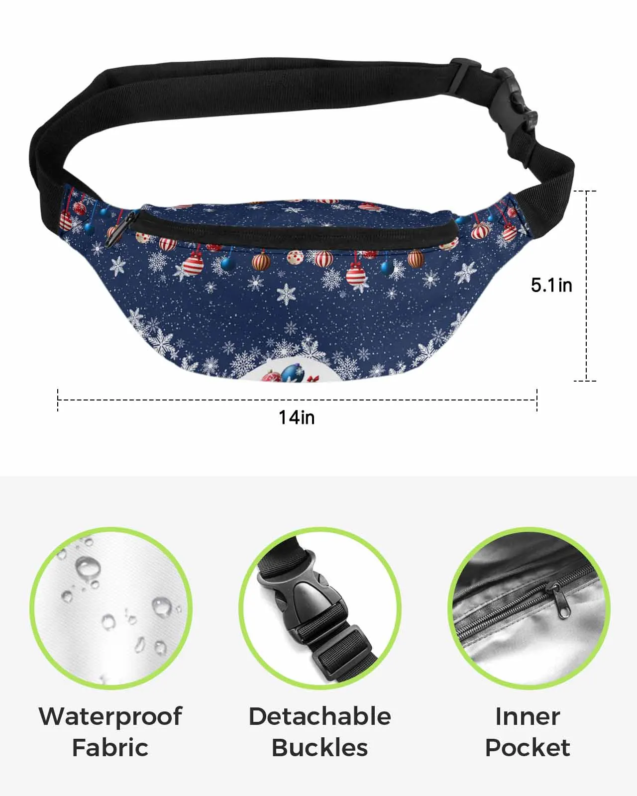 Winter Snowflake Christmas Ball  Men Women Waist Bag Fanny Pack Phone Belt Bag Wallet Pouch Waterproof Banana Hip Bags