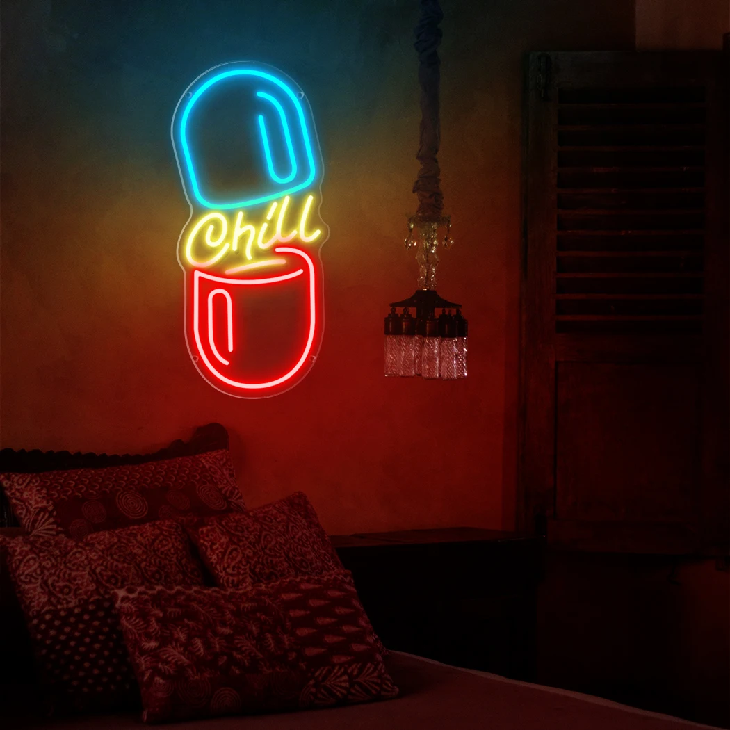 Chill Pill Neon Sign LED Art Wall Hanging Night Light Multipurpose USB Powered Decorative Lamp for Bedroom Man Cave Bar Shop