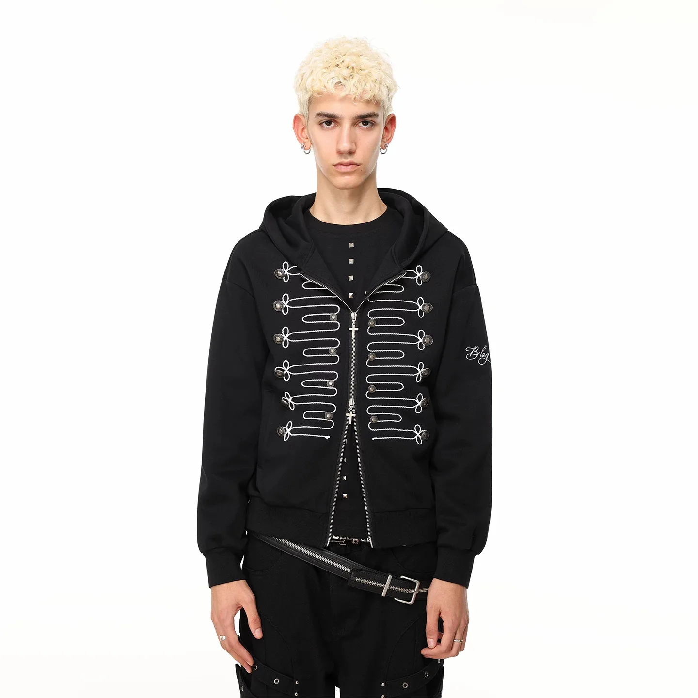 Hip-hop disc rope tie jacket men's and women's tops trendy brand dark rope embroidered court zipper hooded sweater