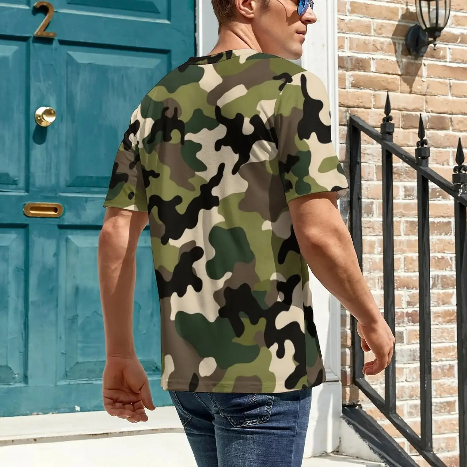 Military-Inspired 3D T-shirt with Green, Black, and Brown Camo Print