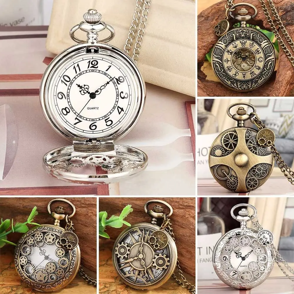 ขายร้อน Bronze ควอตซ์นาฬิกา Steampunk Roman Dial นาฬิกาพ็อกเก็ตนาฬิกา Vintage พร้อมสร้อยคอ Retro นาฬิกาผู้ชาย