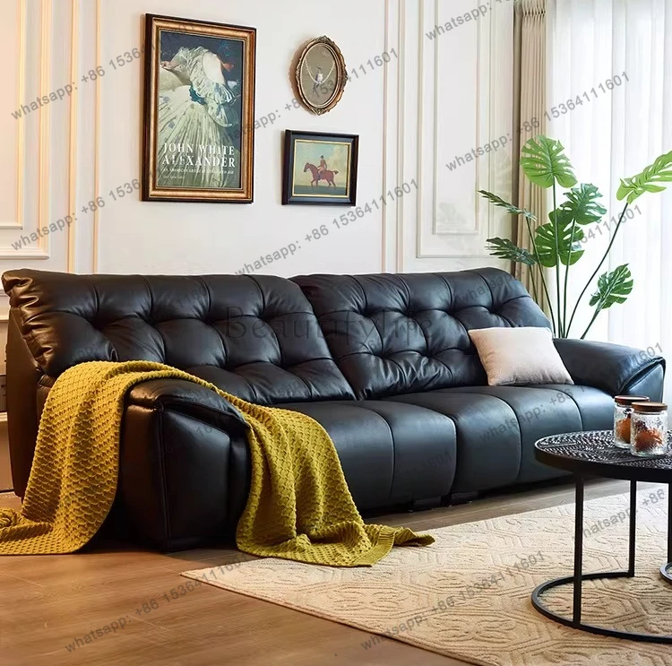 Leather sofa modern simple first-layer cowhide big black bear straight-row sofa