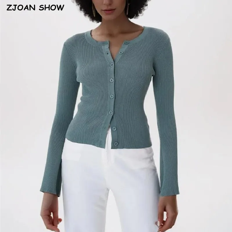 2024 Spring Women Round Neck Button-through Front Crop Cardigan Retro Knitted Sweater Long Flare Sleeve Slim Jumper