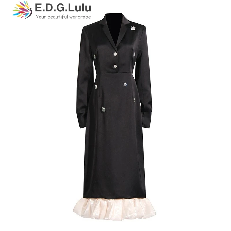 EDGLuLu 2025 otoño nuevo cuello en V uñas diamante empalme vestidos largos de lujo elegante Patchwork satén con volantes vestido negro 1009