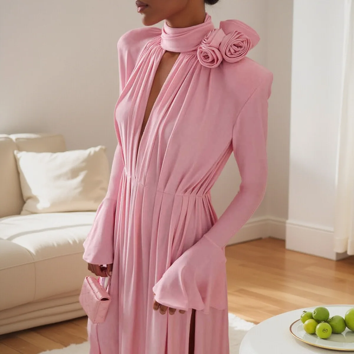 

Long Sve round Ne Design Sensation High-End Pink Long Slimming Evening Dr Women's Par Gown mid Waist A-Line Skirt
