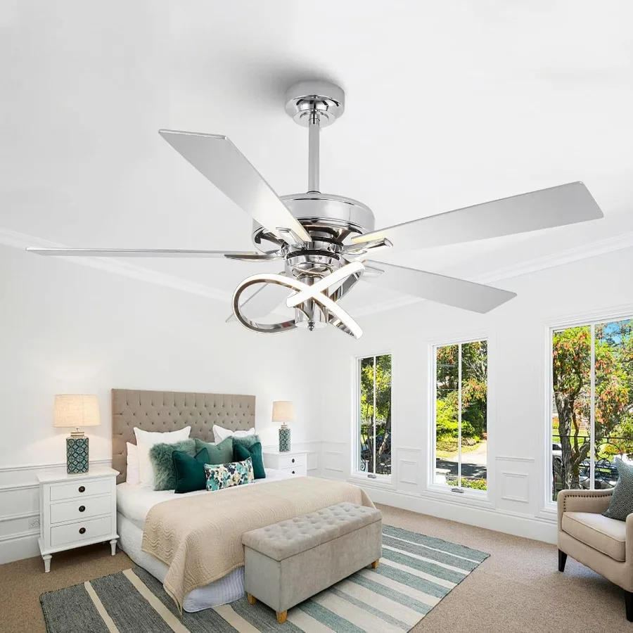 52 Inch Ceiling Fans with Lights for Indoor Outdoor Use Creative Modern Silver Design with Remote Control 3 Color Temperature S