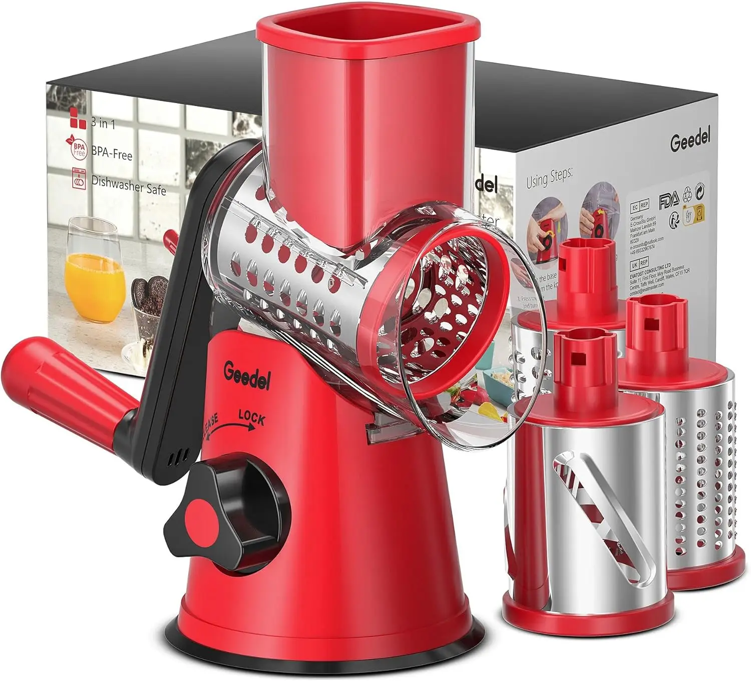

Rotary Cheese Grater, Kitchen Mandoline Vegetable Slicer with 3 Interchangeable Blades, Easy to Clean Grater for Fruit