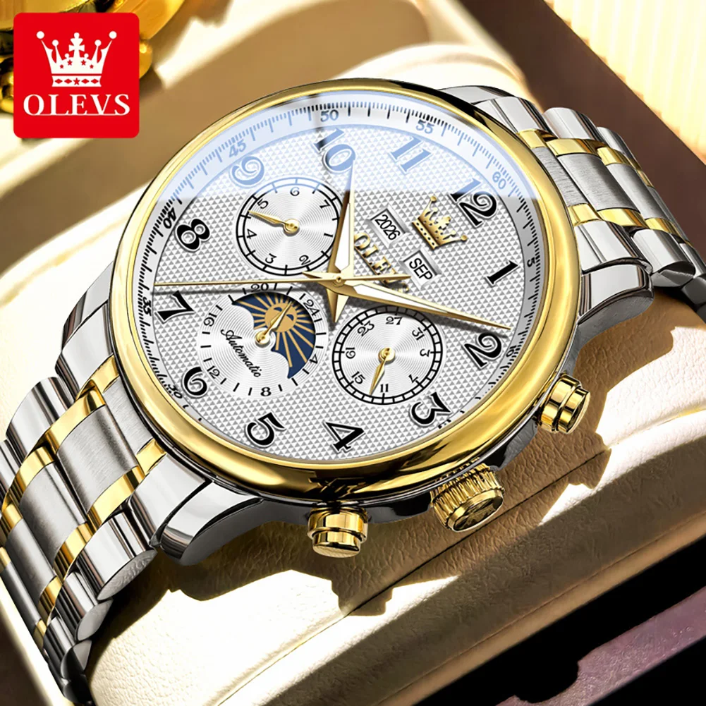 

OLEVS Top Brand Original Multifunctional Mechanical Watch Men Stainless Steel Waterproof Luminous Moon Phase Business Mens Watch