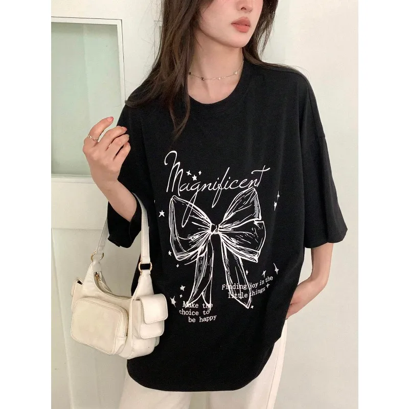 

Women’s Summer Bow Print T-shirts 100％ Cotton Breathable Tops Harajuku Y2K Fashion Fmale Streetwear Oversized Half-sleeve Tops