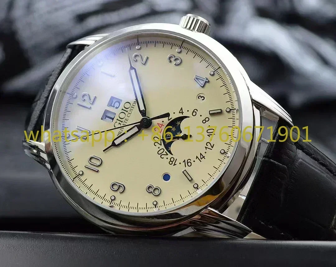 2023 New Mens Automatic Mechanical Watch Rose Gold Stainless Steel Black Leather White Dial MoonPhase Daydate