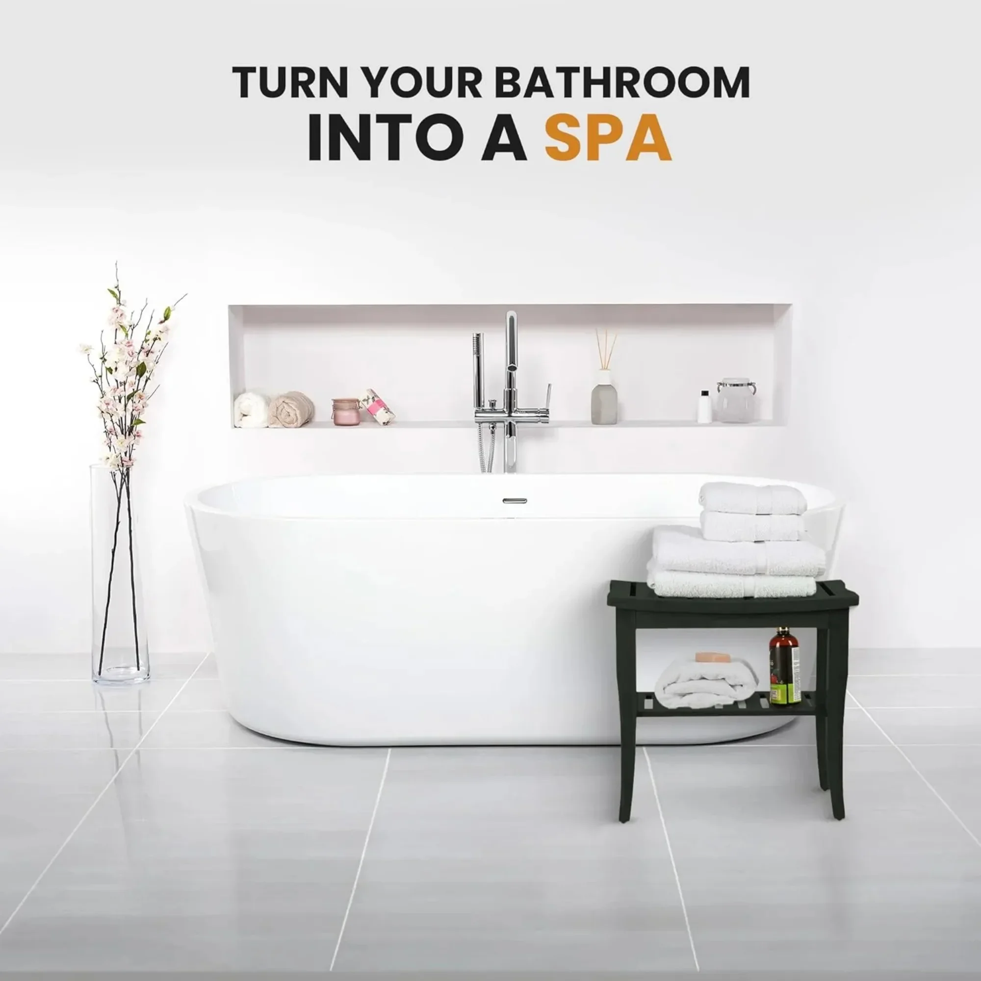 مقعد استحمام من الخيزران الأسود مقاس 18 بوصة مع رف تخزين، مقعد سبا غير قابل للانزلاق للاستخدام الداخلي/الخارجي، مسند للقدمين ومقعد حمام