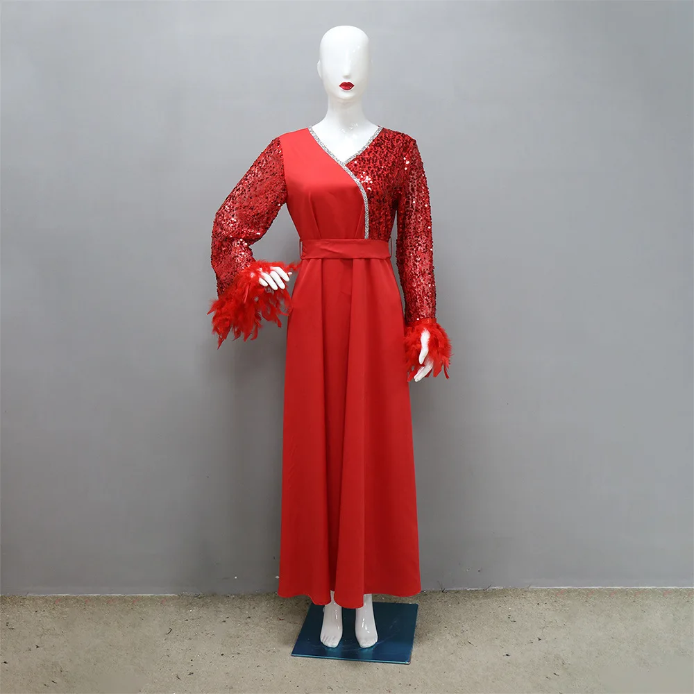 Muslim Middle East Dubai Arabian Women's Clothing Sequin Splicing Strip Feather Robe Dress Abaya
