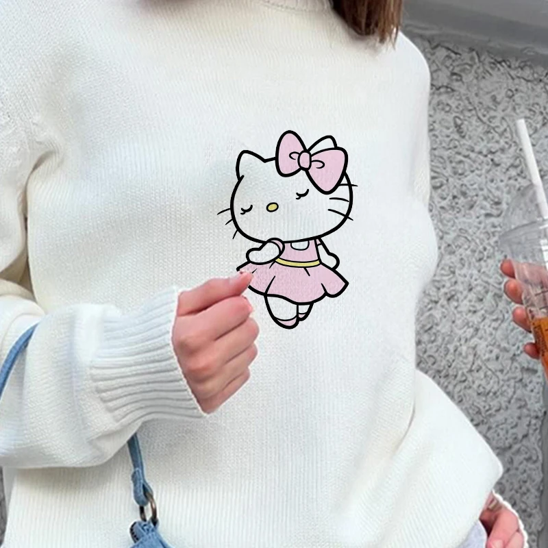 Sweet Cute Hello Kitty Print Pullover New Round Neck Sweater Women Autumn Winter Loose Long Sleeve Sweater Y2k Clothes