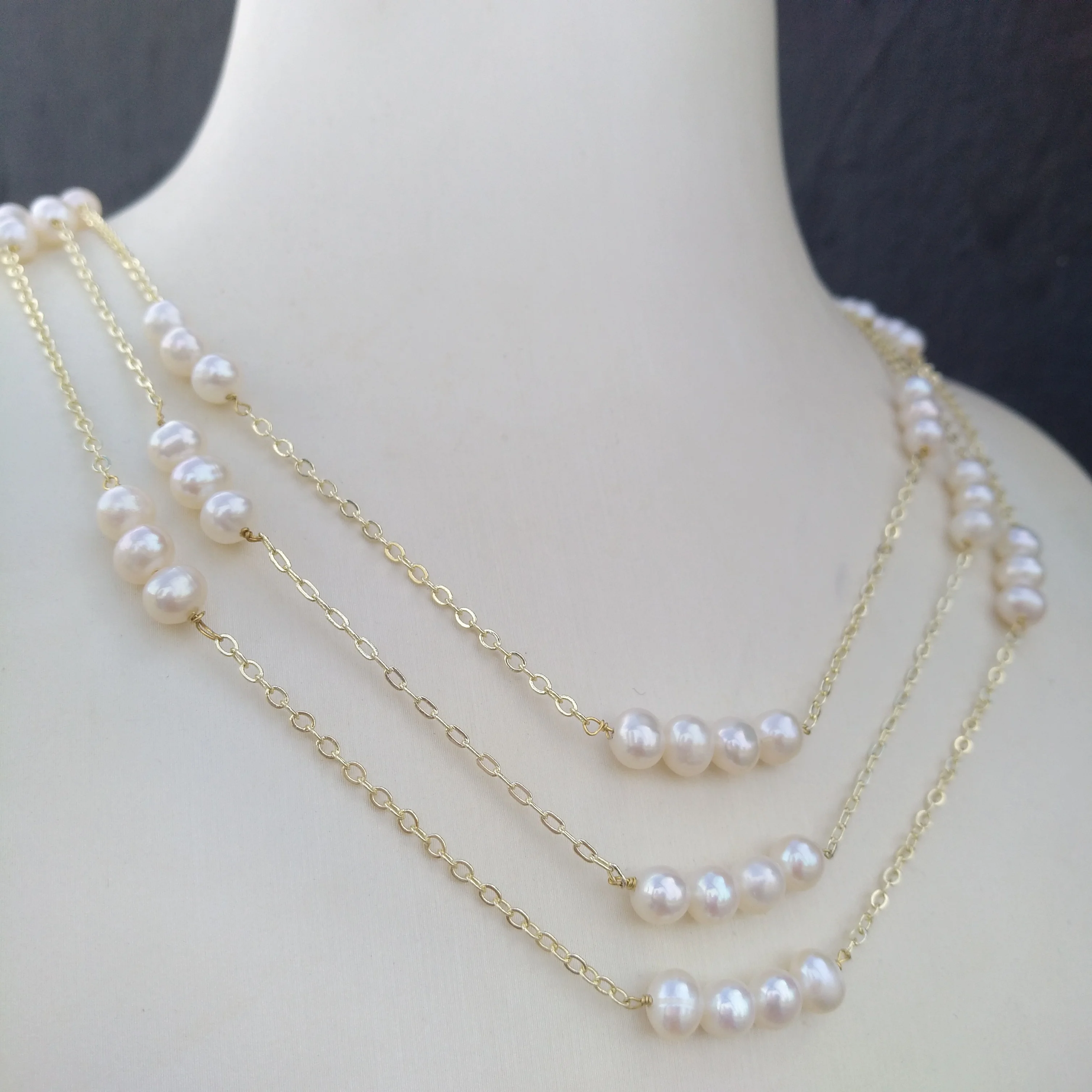 New Design Exotic Trendy 3 Rows Handmade Natural Akoya Real Natural White Pearl Necklace 17